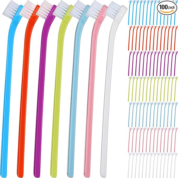 100 Pcs Small Dog Toothbrush Bulk Pack Long Handle Pet Toothbrushes with Soft Bristles, Dental Care Teeth Cleaning Kit for Small Breed Dogs, Cats, and Puppies (7 Colors)