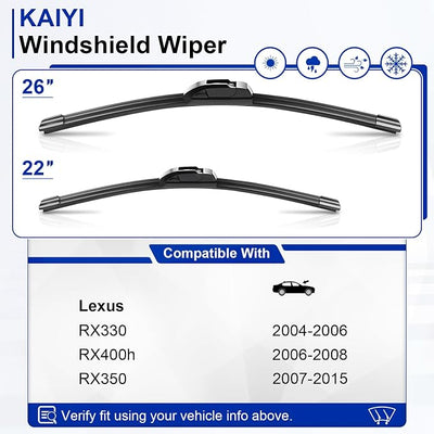 KAIYI 26" + 22" Windshield Wipers Compatible with Lexus RX330 2004-2006,RX400h 2006-2008,RX350 2007-2015 Premium Automotive Replacement Windshield Wiper Blades 2 Pack
