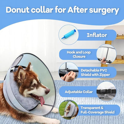 2-in-1 Inflatable Dog Cone Collar with Detachable Anti-Licking Shield, Soft Adjustable Elizabethan Collar for Dogs After Surgery (XL, Blue)