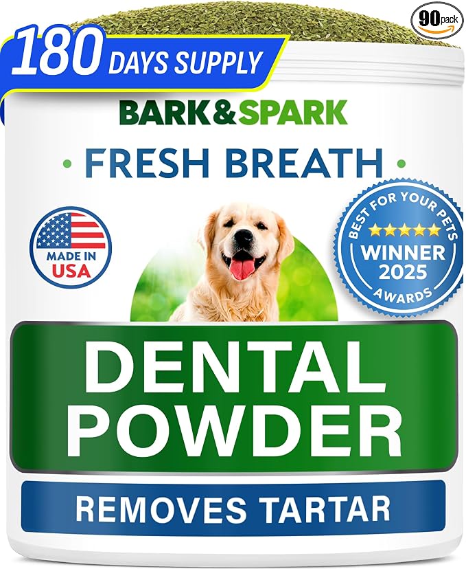 Bark&Spark Dog Teeth Cleaning Powder & Breath Freshener, Dental Powder Cleaner for Bright Teeth - Plaque and Bad Breath Advanced Remover for Dogs, Pet Oral Care Bright Co Lab Pro Formula - 90 Servings