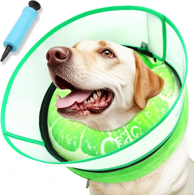 Upgraded Inflatable Dog Cone Collar with Transparent Anti-Licking Shield, Adjustable Elizabethan Collar for Medium Large Dogs, 2-in-1 Design with Detachable Shield and Soft Padding (L, Lime)