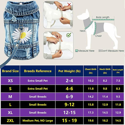 Denim Vest Jacket for Small Medium Dog Clothes Jean Apparel Cute Outfit for Dog Cat Girls Boys Puppy Costume Dog Harness Dress Shirt Chihuahua Yorkie(One Daisy with D Ring, Small)