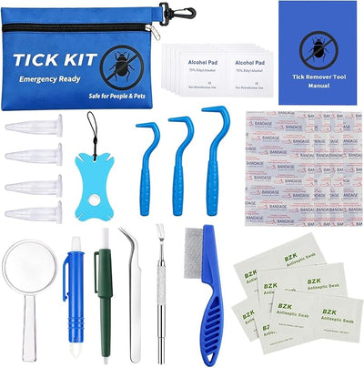 54-in-1 Tick Removal Tool Kit for Dogs, Cats and Humans, Tick Remover Set with Stainless Steel Tweezers, Hooks, Pullers and Blue Water-Resistant Case for Hiking Camping Outdoor