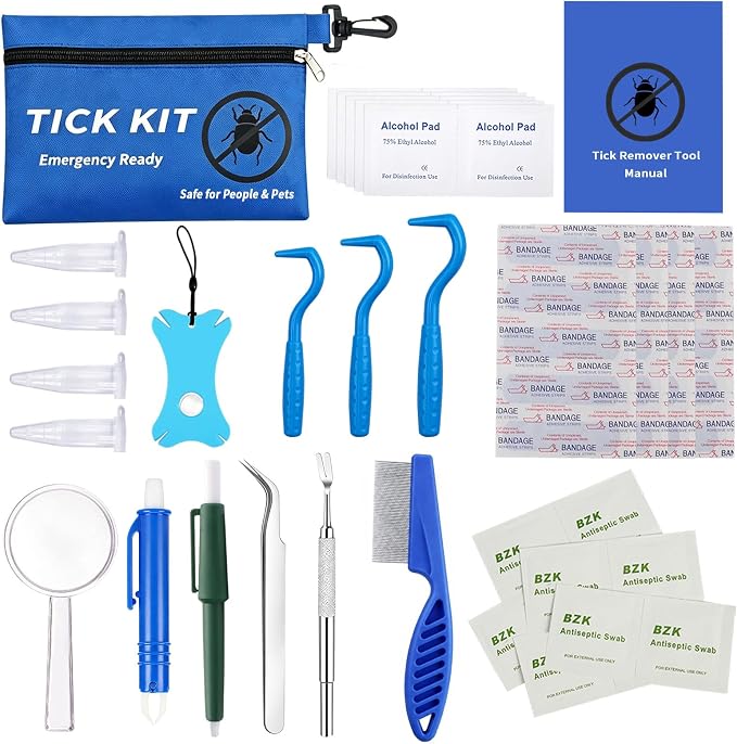 54-in-1 Tick Removal Tool Kit for Dogs, Cats and Humans, Tick Remover Set with Stainless Steel Tweezers, Hooks, Pullers and Blue Water-Resistant Case for Hiking Camping Outdoor