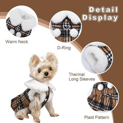 XXS Dog Sweater with Leash Set D Ring Plaid Fleece Puppy Clothes for Small Dogs Girl Boy Winter Pet Dress Cold Weather Coat Winter Sweater for Chihuahua Yorkie Cat Doggie Costumes, Khaki, XXS