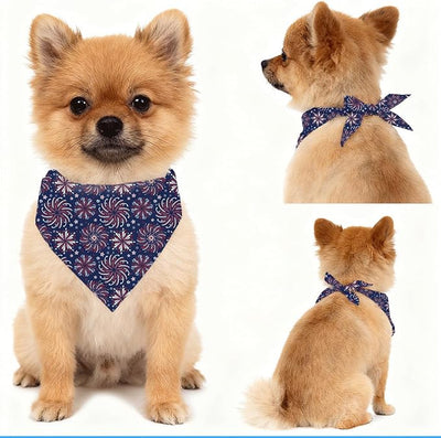 4th of July Dog Bandana, Patriotic Fireworks Burst Pet Triangle Scarf for Independence Day Party Outfit, Navy Star Neckerchief for Small Medium Dogs, Independence Day Puppy Gift