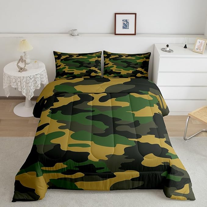 Camouflage Comforter Set Queen Size, Kids Teens Camo Clothing Down Comforter, Army Lightweight Bedding Comforters for Boys Adult Men Bedroom, Vintage Style Quilted Duvet with 2 Pillow Cases