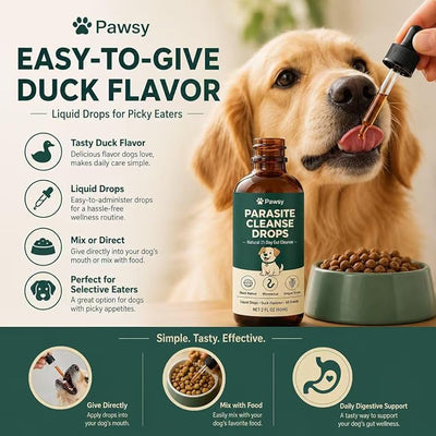 Pawsy Parasite Cleanse Drops, Herbal Digestive Support Liquid for Dogs, Daily Gut Wellness Formula with Probiotic Blend for Small Medium & Large Dogs, 2 Fl Oz