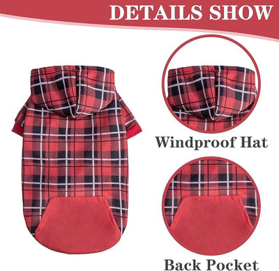 EXPAWLORER Plaid Dog Hoodie - British Style Warm Dog Sweater Shirt with Leash Hole,Pitbull Clothes Outfits,Winter Coat Apparel for All Breeds Puppy Girl Boy-Cat Apparel,Red X-Large