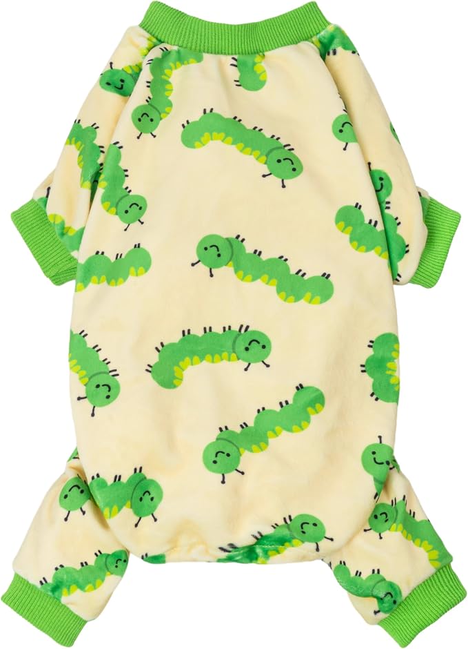 Caterpillar Dog Fleece Pajamas, Cozy Clothes for Small Dogs Boy Girl, Funny Pet Onesie, Beige, Green, Large