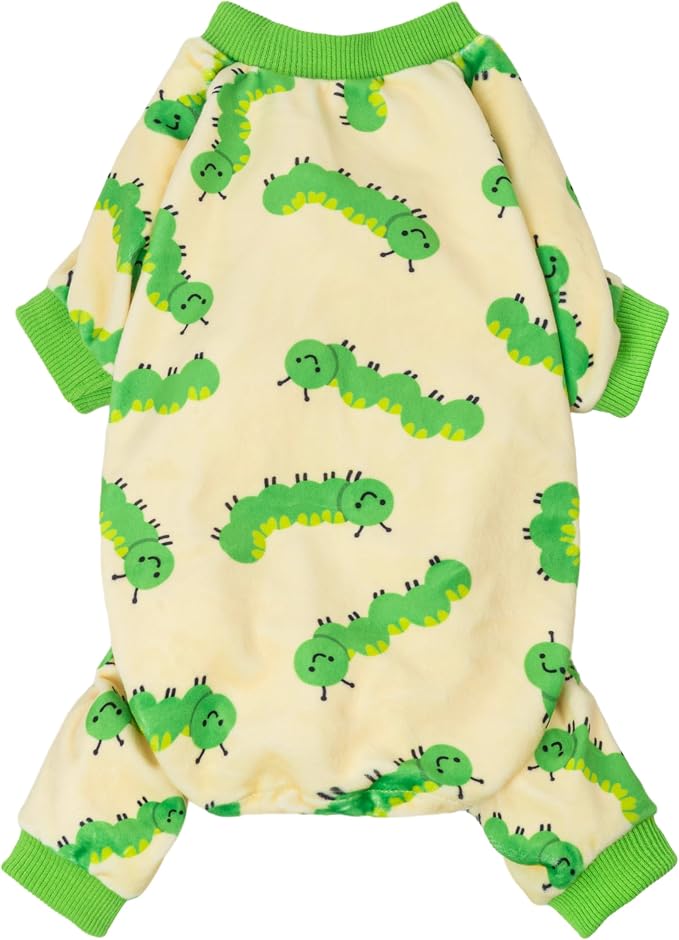 Caterpillar Dog Fleece Pajamas, Cozy Clothes for Small Dogs Boy Girl, Funny Pet Onesie, Beige, Green, XL
