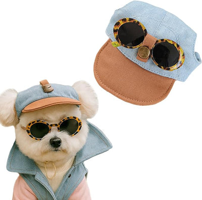 2 Pcs Pet Baseball Cap and Sunglasses, Dog Sun Hat with Ear Holes, Summer Adjustable Buckle Visor Caps for Cats, Small Medium Dogs (Brown, Medium)