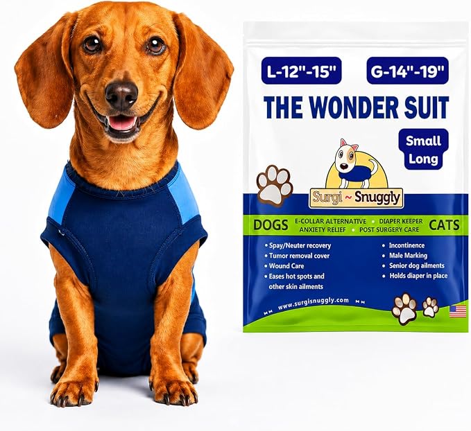 Surgi Snuggly Dog Surgery Recovery Suit - Dog Onesie for Post Surgery Recovery, Female Spay & Male Neuter - Surgical Suit for Dogs, E-Collar Cone Alternative, Double Blue - Small Long - 12" - 15" (EC)