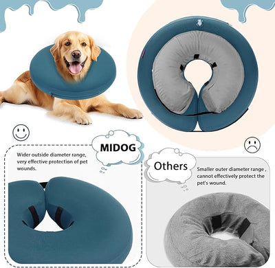 MIDOG Inflatable Dog Cone, Soft Donut Recovery Collar Alternative After Surgery to Help Prevent Licking, Comfy E Collar with Neck Pillow Design, Blue, L+