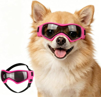 Enjoying Dog Sunglasses Extra-Small to Small Breeds, Dog Goggles UV Protection, Driving Eye Protection for Little Dogs, Breathable Windproof Dustproof Anti-Fog, Adjustable Straps, Style Pink