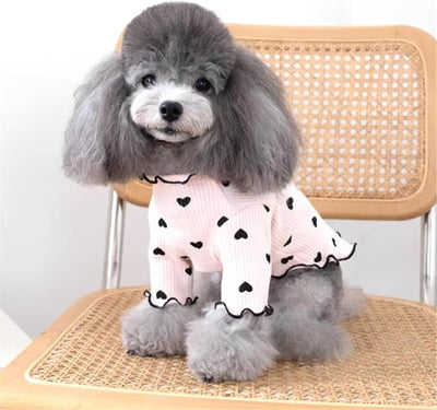 Pet Clothes for Small Dogs Cat Summer Fall Heart Print Shirt Stretchable Ruffle Long Sleeve Outfits for Chihuahua Schnauzer Shih Tzu Yorkie (Pink, Medium)