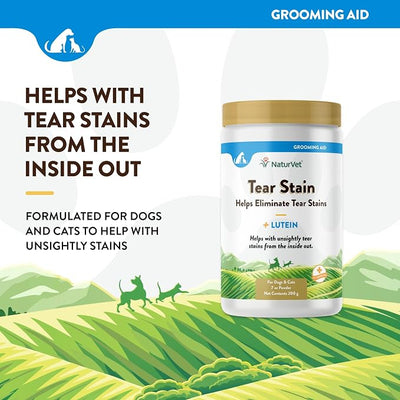 NaturVet – Tear Stain Plus Lutein | Eliminates Unsightly Tear Stains | Enhanced with Cranberry Extract, Calcium Ascorbate & Oregon Grape Root | for Dogs & Cats | 200 Gram Powder