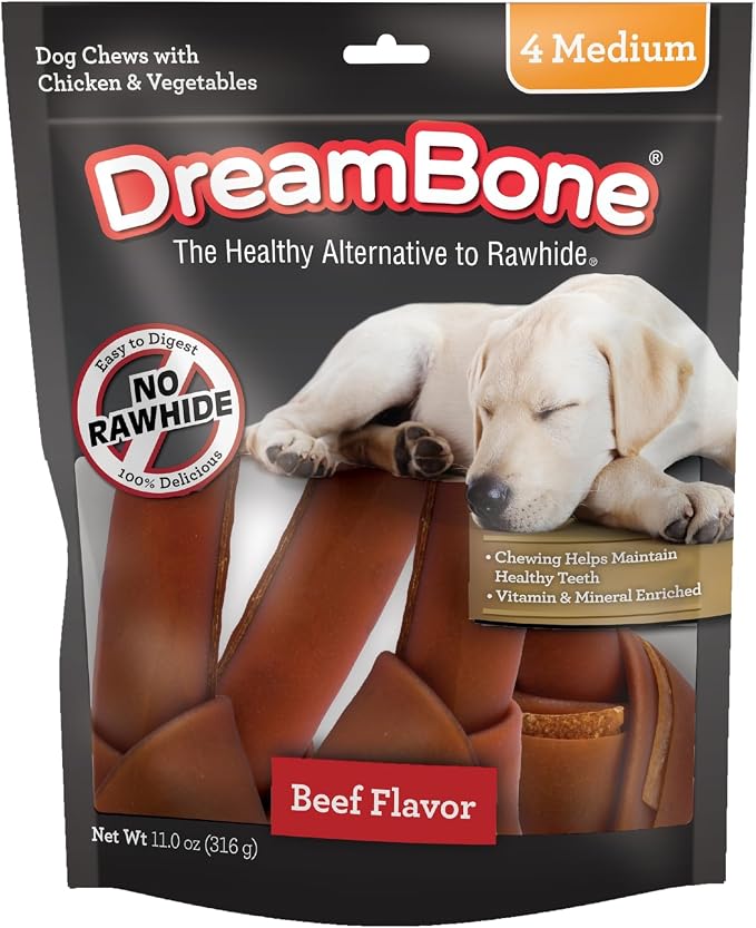 Chews, Medium Rawhide Free Dog Bones Made With Real Beef, Chicken and Vegetables, 4 Count