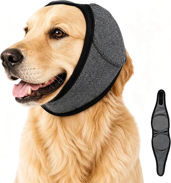 Quiet Ears for Dogs - Adjustable Ear Covers for Noise, No Shake Dog Head Wrap, Dog Calming Hood for Thunder, Lightning, Fireworks (Black, Large)