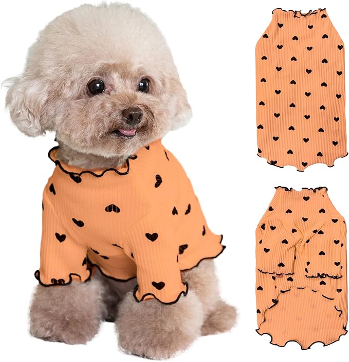Pet Clothes for Small Dogs Cat Summer Fall Heart Print Shirt Stretchable Ruffle Long Sleeve Outfits for Chihuahua Schnauzer Shih Tzu Yorkie (Orange, X-Large)