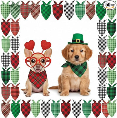 Weewooday 50 Pcs Valentine's & St. Patrick's Day Dog Bandanas Bulk Red & Green Plaid Bandanas for Dogs Soft Triangle Bibs Adjustable Scarf for Small Medium Large Pets(25.6 x 17.7 x 17.7 Inch)