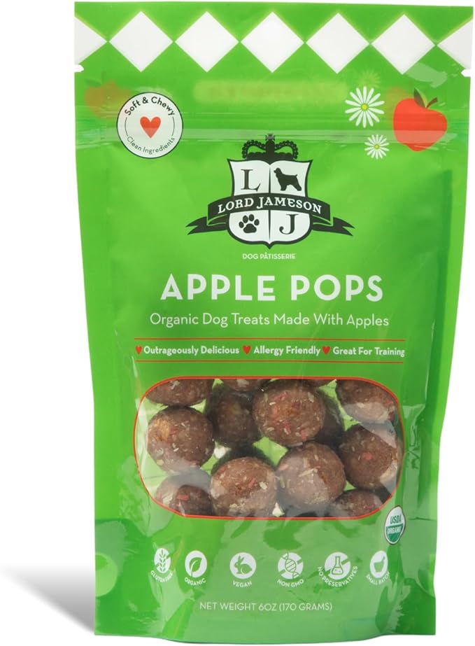 Lord Jameson Apple Pops 6 oz: Organic Soft & Chewy Dog Treats | Natural Puppy & Senior Treats | Easy Chew Hypoallergenic Dog Snacks | Gourmet Healthy Training Treats for Small & Large Dogs