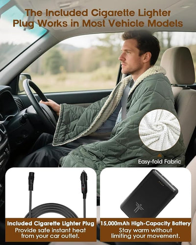 Heated Blanket Battery Operated with Hood, 12V Cordless Wearable Camping Outoor Office Blanket with Storage Bag（12V 15000mAh Battery & 70x50in Large Size）