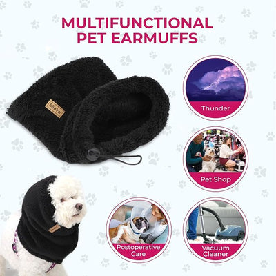 Dog Ear Muffs Noise Protection - Soft Calming Hood for Anxiety Relief, Fireworks, Thunder, Grooming & Vet Visits - Elastic Band & Comfortable Neck Warmer for Travel (Black, Small)