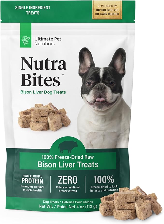 Nutra Bites Freeze Dried Raw Single Ingredient Training Treats Food Topper for Dogs, 4 Ounces, Bison Liver
