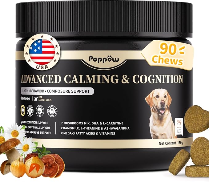 Advanced Calming Chews for Dogs-Brain & Composure Support with 7 Mushrooms, Ashwagandha, Omega-3 DHA & EPA, All Breeds & Sizes, Chicken Flavor, 90Ct