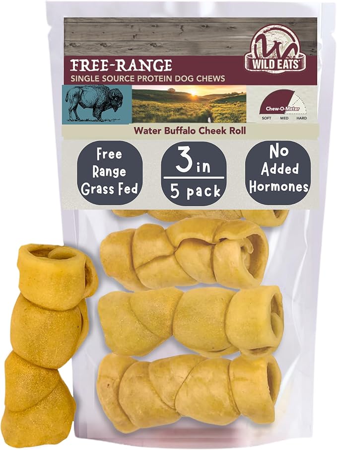 Water Buffalo 3" No-Hide Cheek Roll Dog Chews - 5 Pack (Long Lasting Chews, Treats, Rawhide Free for Aggressive Chewers & Medium Dogs) Pig Ears Alternative, Low Fat, High Protein