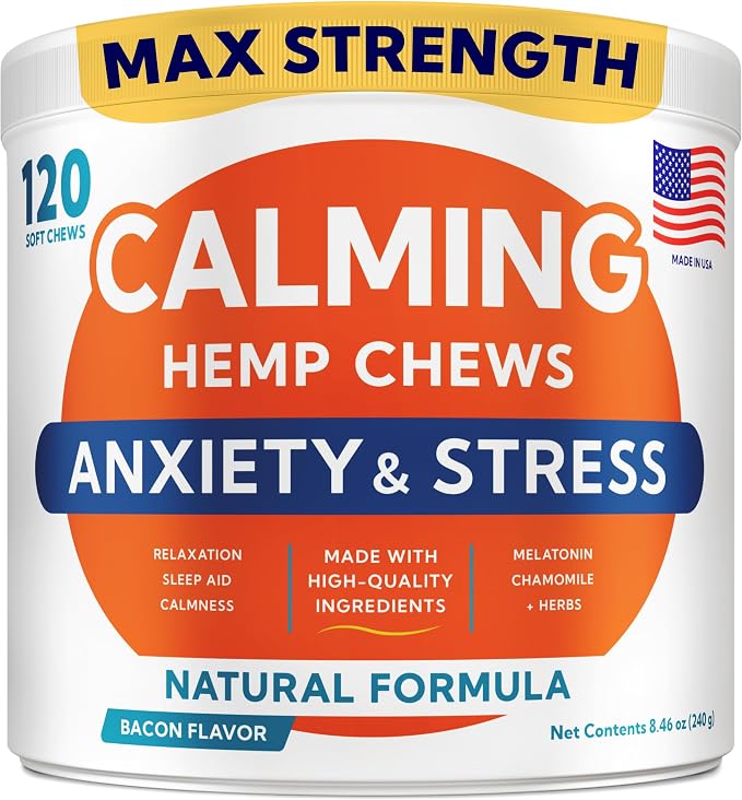 Advanced Calming Chews for Dogs - Hemp Treat + Melatonin + Valerian - Relaxing Bites - Calming Care - Anti-Anxiety & Stress Relief - Made in USA - Calm, Sleep Aid, Storms - 120Ct