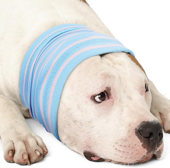 Calming Hoodie Dog Grooming Ear Cover Anxiety Relief-No Shake Dog Ear Wrap Hematoma, Striped Head Wrap Snoods for Noise Protection, Bath, Fireworks, Thunderstorm, Blow Drying, Warm-Keeping