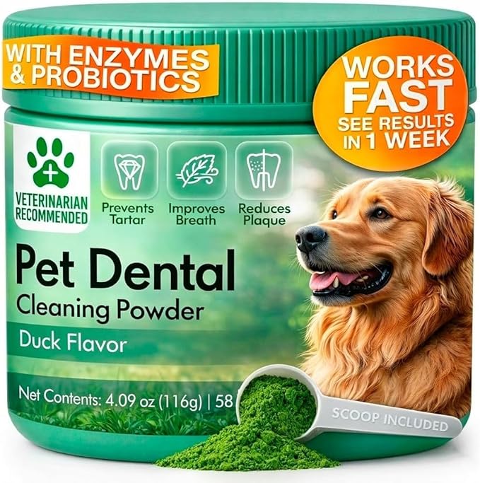 Dog Dental Powder, Pet Tartar and Plaque Remover for Teeth, Dog Breath Freshener, Tooth Cleaning Powder with Probiotics and Brown Algae for Dogs of All Breeds and Sizes, Duck Flavor