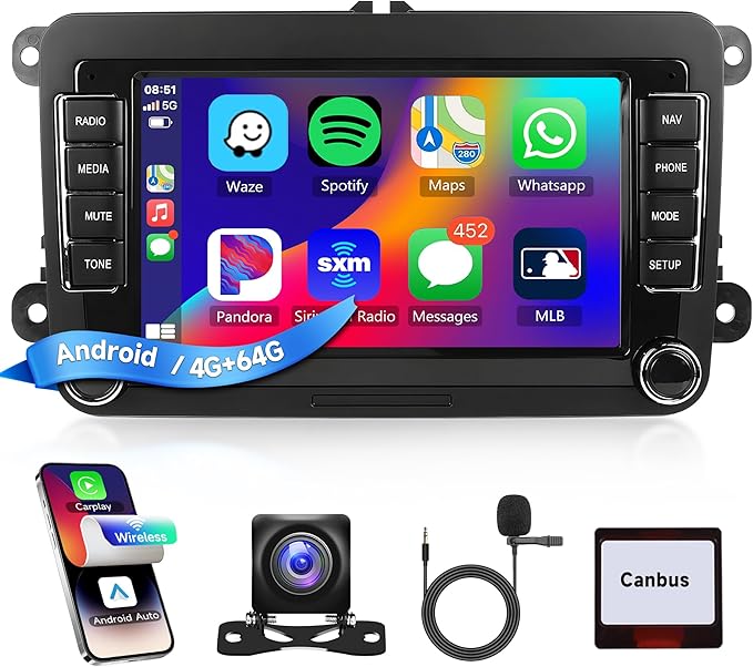 4G+64G Android Car Stereo for VW Passat Golf MK5 MK6 Jetta T5 EOS Polo Touran Seat Sharan Wireless Carplay Android Auto, 7'' Touchscreen Car Radio with GPS Bluetooth 5G-WiFi FM 32EQ DSP Rear Camera