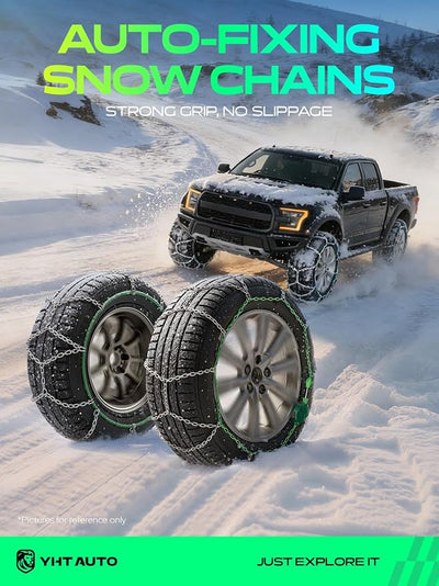 YHTAUTO Set of 2 Snow Chains Easy Installation for Pickup Truck SUV Passenger Car Tire Chains Auto-Tightening Alloy Steel Emergency Reusable Anti-slip Traction in Snow, Mud, Sand
