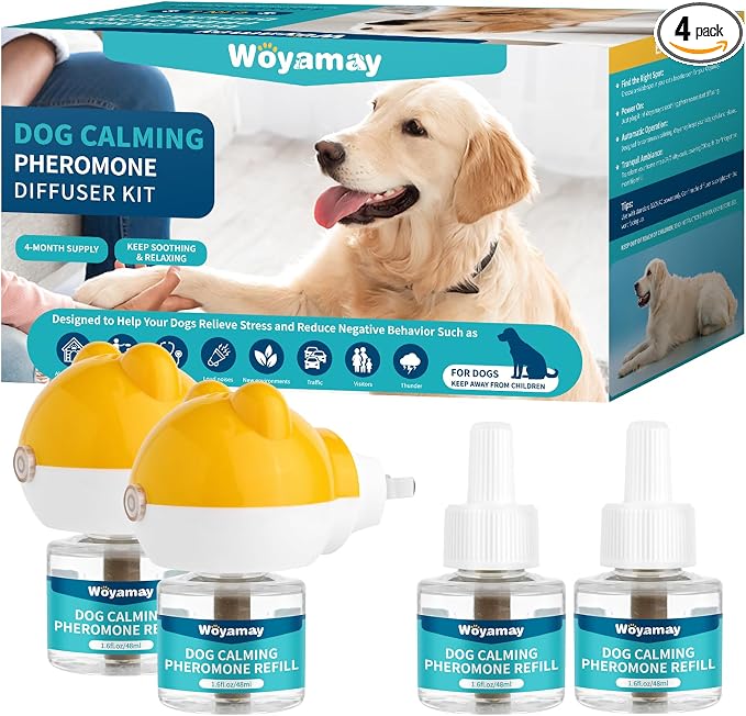 Dog Calming Diffuser - Dog Pheromones Calming Diffuser for Dog Anxiety Relief 6-in-1 Dog Pheromone Diffuser Kit with 2 Diffuser + 4 Refill 48ml Vial - 120 Days Pheromone Diffuser to Calm Dogs
