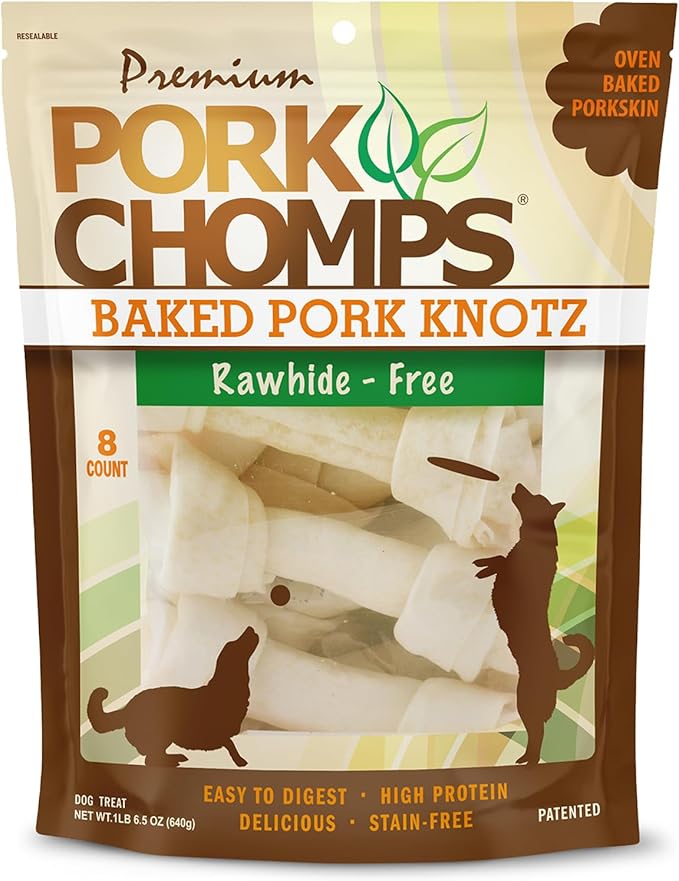 Baked Pork Skin Dog Chews, 7 Inch Knots, 8 Count, 1 Pack - Long-Lasting Treats for Dogs - High Protein, Rawhide-Free, Low Fat, Healthy & Delicious Chews