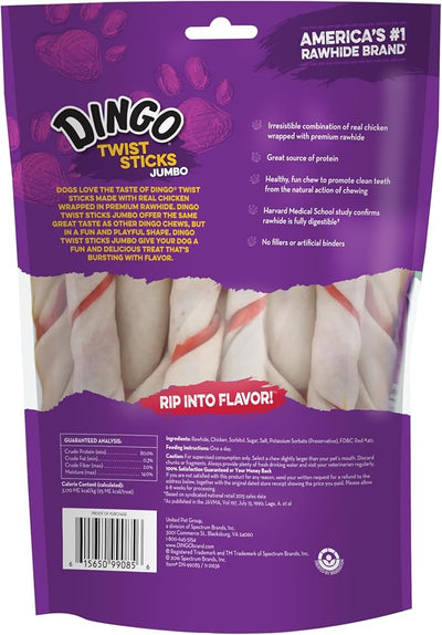 Dingo Jumbo Twist Sticks, Rawhide for Dogs, Made with Real Chicken, 9 Count