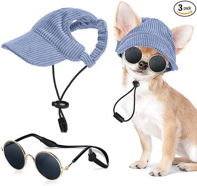 Jadive Small Dog Sun Hat with Ear Holes, Dog Cat Sunglasses with Anti-Slip Silicone Rope Baseball Cap Adjustable Puppy Sunbonnet Headdress Beach Visor Hat for Puppies Summer Outdoor(Blue)