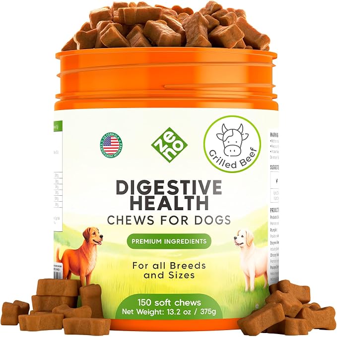 ZENO Probiotics for Dogs Chews - 150 pcs - Digestive & Gut Health Support - Probiotic Chews for Dogs with Enzymes & Natural Ingredients -US Formula - Grilled Beef