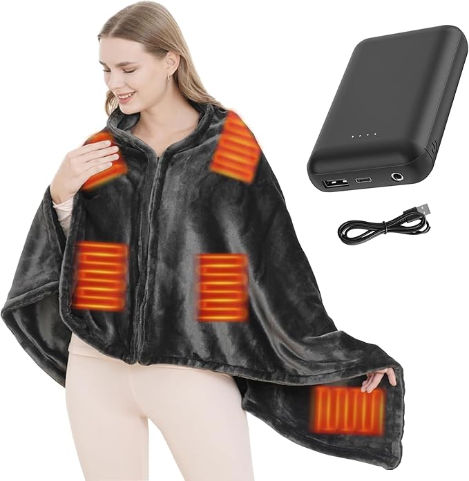 Cordless Heated Blanket Wearable Heated Blanket Shawl, Portable Heated Blanket, 3 Gears 7 Heating Zones Cordless Zip Heated Throw Blanket for Women, Outdoor（with Power Bank 7.4V