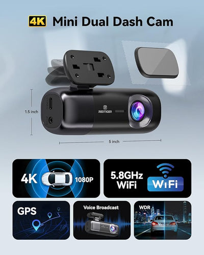 REDTIGER F9 4K Dash Cam Front and Rear 1080P, 5.8GHz WiFi & Smart App Control Car Camera, 2160P/FHD Wireless Dashcam for Cars with Precise GPS, WDR Night Vision, Loop Recording, 24H Parking Mode