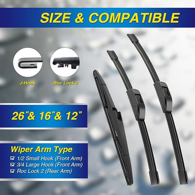 5 PLUS® Windshield Wipers Replacement for KIA Sorento 2016-2020 / HYUNDAI Santa Fe 2019-2023,Silicone Water Repellent Wiper Blades-26"/16"/12"(Set of 3), OEM Fit, All-Season