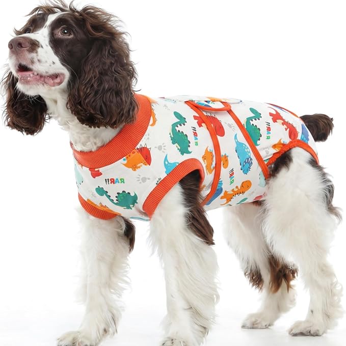 Dog Surgery Recovery Suit, Soft Breathable Dog Recovery Suit for Female Spay Male Nueuter, Anti Licking Puppy Onesie Pet Surgical Suit for Dogs Abdominal Wounds Skin Disease, Dinosaur M