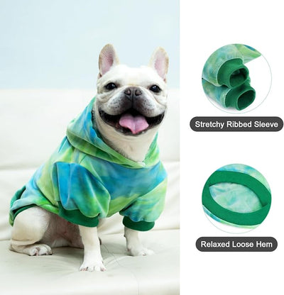 PAWCHIE Dog Hoodie for Small Dogs,Tie Dye Dog Cloth with Leash Hole,Puppy Sweatshirt, Pet Outfit, Cat Apparel,Blue Green,XS