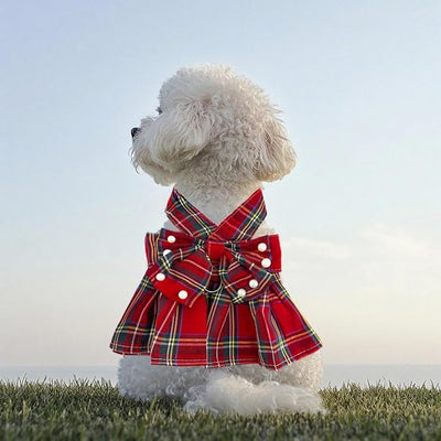1 Pcs Cute Dog Dress Puppy Clothes with Bownot for Female Girl Small Dogs Outfits Harness for Outdoor Walking Birthday Party Red Plaid Skirt L