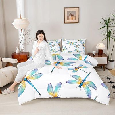 Erosebridal Boho Dragonfly Comforter Set Twin Size, Bohemian Insect Quilted Duvet for Kids Teens Adult Exotic Flying Dragonflies Down Comforter Blue Teal Duvet Insert Lightweight for Children Bedroom