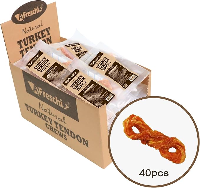 Turkey Tendons for Dogs, USA-Sourced Human Grade, Rawhide-Free Long-Lasting Puppy Chews, All Natural Hypoallergenic Dog Treats for Small Breeds, Rope (S), 40 Count Box