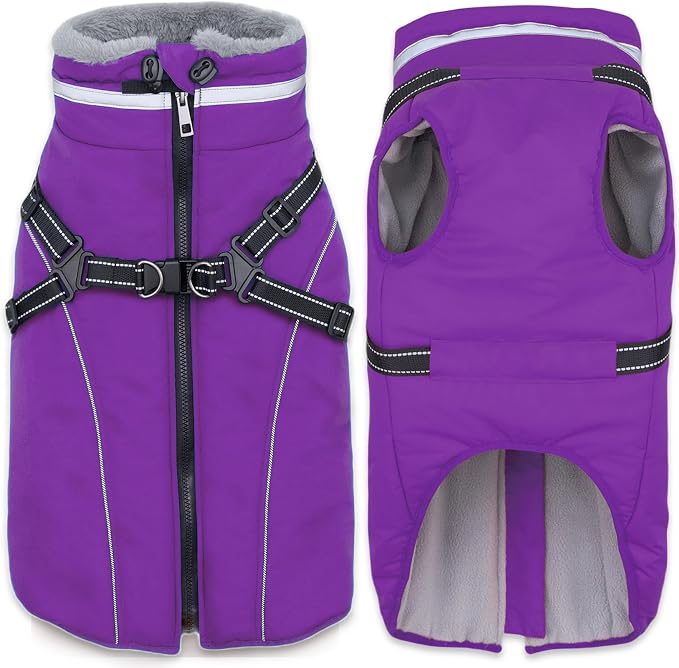 Fragralley Dog Coat with Harness Built in, Waterproof Windproof Reflective Warm Puffer Jacket, Fleece Lined Vest Winter Parka for Small, Medium, Large Dogs